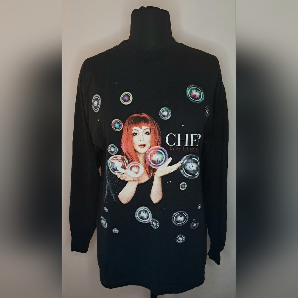 Vintage 90s Cher Believe Tour Black Concert Bubbles T-Shirt Size Medium